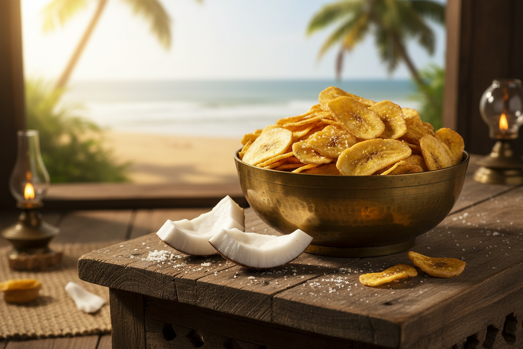 Banana chips in traditional brass bowl