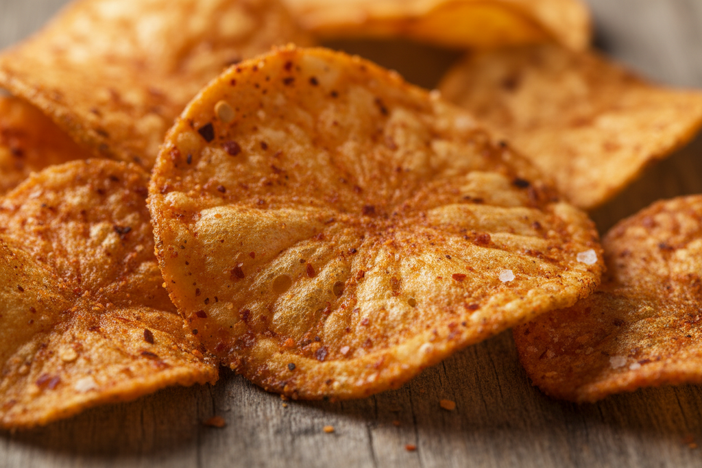 Close-up of air fried spicy chips