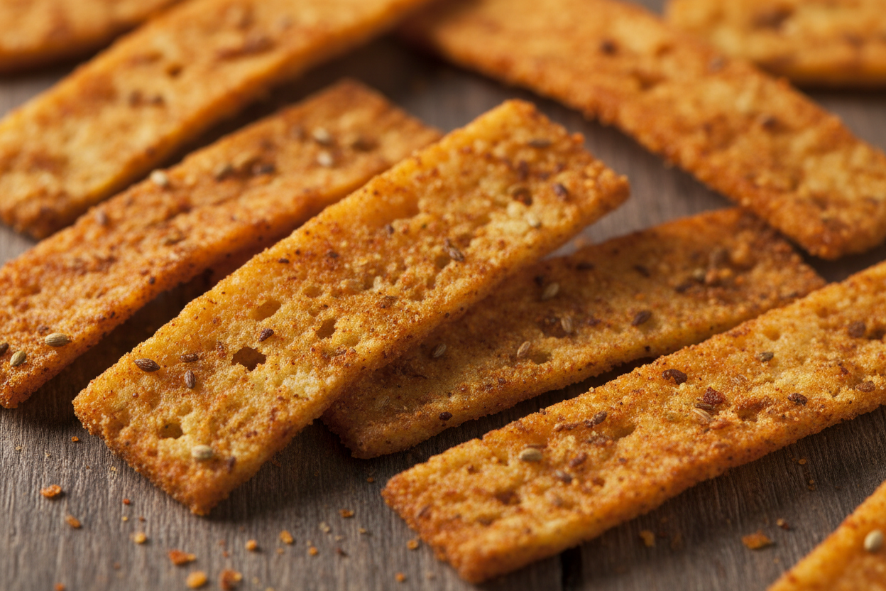 Close-up of flat masala finger chips