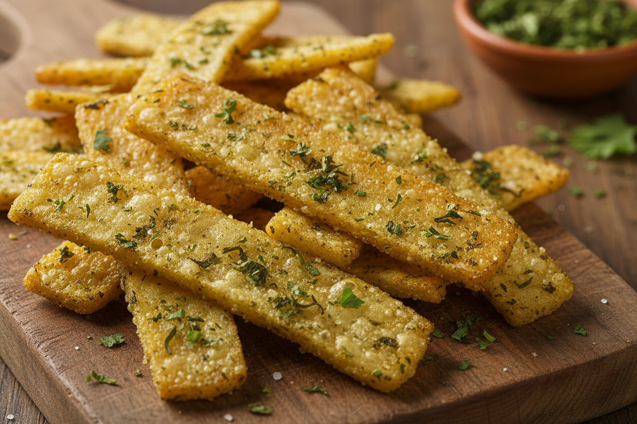 Close-up of green pudina finger chips