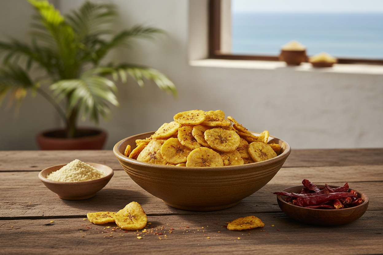 Hing chilli banana chips with ingredients