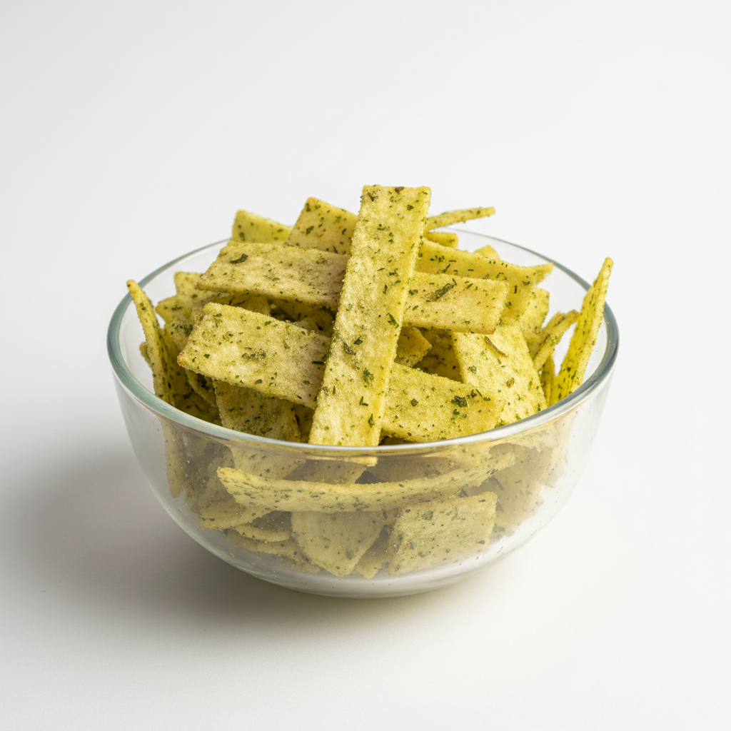 Potato Green Pudina Finger Chips in glass bowl