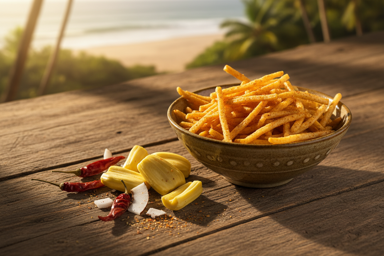 Spicy raw jackfruit chips with ingredients