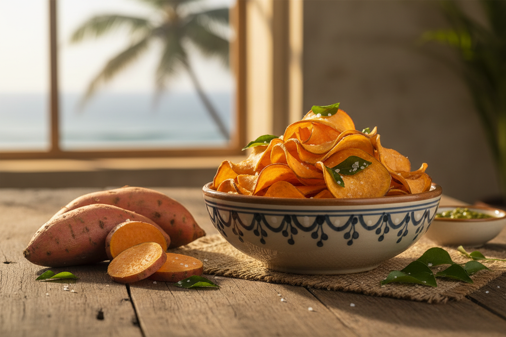 Sweet potato chips with fresh sweet potatoes