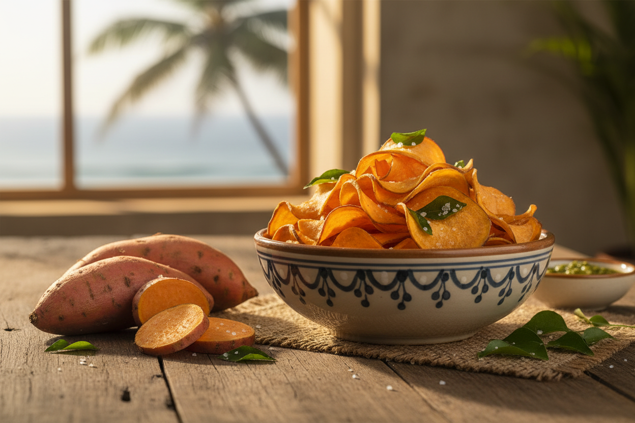Sweet potato chips with fresh sweet potatoes